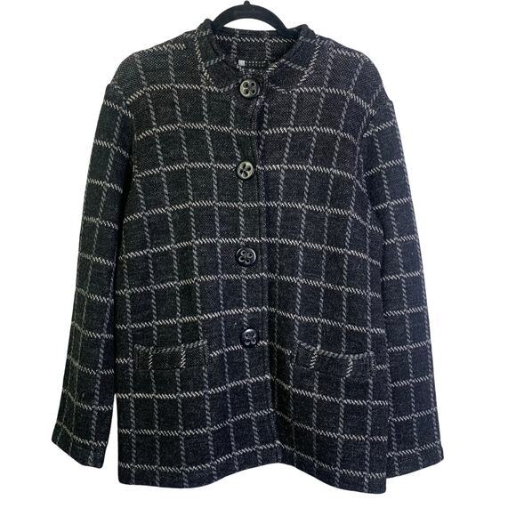CAROL LITTLE Jacket Blazer Medium Wool Plaid Check Artsy 4 Large Button‎ Closure - Picture 1 of 13